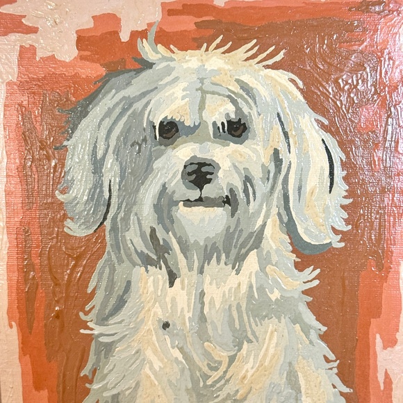 Vintage 1970s paint by numbers, Maltese dog on cushion, wood framed PBN - Picture 3 of 4